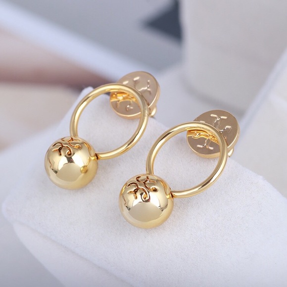 NEW Tory Burch Gold Logo Bead Hoop Drop Earrings - Picture 3 of 6
